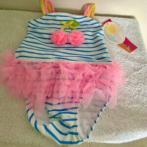 Kate Mack Blue & Pink Stripe Cherry Skirted One-Piece - Infant & Toddler  24m